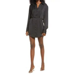 Open Edit Long Sleeve Satin Mini Shirtdress